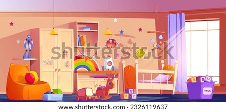 Toddler bedroom with furniture and toys. Vector cartoon illustration of light room with large window, crib, wardrobe, drawer and soft armchair, robot, rocket, cubes in box, rocking horse, wooden car