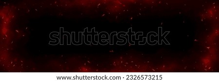 Background with fire sparks, embers and smoke. Overlay effect of burn coal, grill, hell or bonfire with flame glow, flying red sparkles and fog on black background, vector realistic border, poster