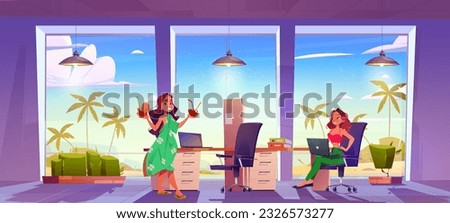 Woman in tropic work office room near sea beach summer vector background. Open space desk on Hawaii with happy female manager and cocktail. Modern company sunny openspace workplace near ocean