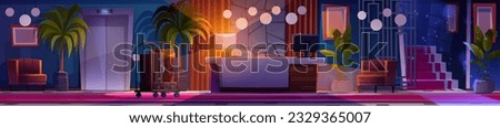 Night hotel lobby reception interior cartoon vector background. Business building office hallway with magic light on stairs game scene. Trolley for luggage near counter desk and lift in corridor