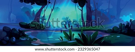 Mysterious night forest landscape with swamp. Vector cartoon illustration of spooky nature for game background, lake water, moonlight beams, old trees and bushes, green grass and stones on ground