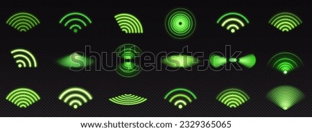 Realistic set of green radio wave signal signs isolated on transparent background. Vector illustration of radial symbol of wifi connection, sound spread, pulse effect, vibration frequency, radar area