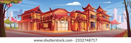 China town street in modern city. Vector cartoon illustration of old Chinese buildings, tea shop, traditional cuisine restaurant decorated with red paper lanterns, cityscape skyscrapers in background