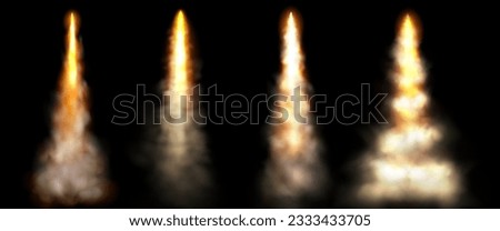 Rocket or jet fire trails with smoke clouds. Space ship, shuttle or missile launch effect with flame and steam clouds, vector realistic set isolated on black background