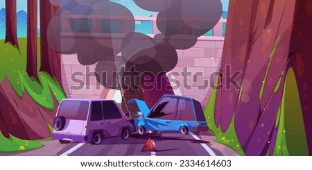 Car crash on highway to tunnel cartoon vector illustration. Road traffic with broken and damage vehicle near hill and underground path arch. Day trip and collision on mountain motorway landscape