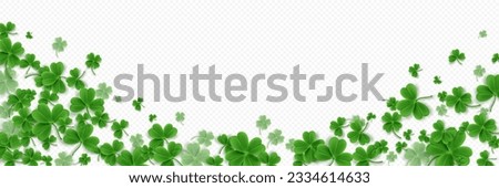 Clover shamrock 3d vector irish pattern. St Patrick day realistic green border for banner with leaf confetti. Isolated on transparent background. Four lucky grass leaves symbol for advertising