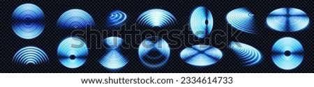 Realistic set of blue radio wave signal signs isolated on transparent background. Vector illustration of radial symbol of wifi connection, sound spread, pulse effect, vibration frequency, radar area