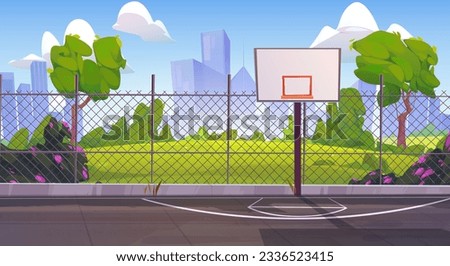 Sunny street basketball court cartoon background. School outdoor playground stadium near spring city park with green grass, tree and blooming bush illustration. outside sport arena for competition