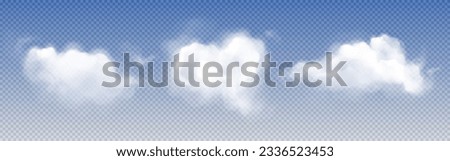 Realistic white clouds set isolated on transparent background. Vector illustration of abstract shape light smoke in air, cloudy sunset or sunrise sky design elements, fairytale mist, gas evaporation