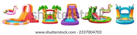 Aquapark water slide vector icon illustration. Inflatable waterslide with pool cartoon summer bouncy set. aquatic summer amusement with castle, unicorn and frog slider equipment graphic collection