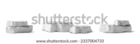 3d stone podiums for products display. Rock platforms, pedestals for bath decor or summer sea beach. Rough gray stone blocks isolated on white background, vector realistic illustration