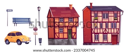 Cartoon set of old German city street design elements. Vector illustration of traditional half-timbered houses, yellow retro car, lantern, bench, waste bin, road sign isolated on white background