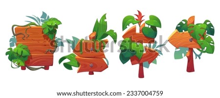 Cartoon set of jungle signboards isolated on white background. Vector illustration of wooden frames decorated with green tropical leaves, vines, liana plants. Game menu border, direction arrow signs