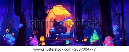 Mysterious forest landscape with fantastic plants glowing in night darkness. Vector cartoon illustration of magic tree, mushrooms and flowers growing on glade. Nature on alien planet. Game background