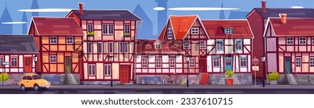 Old European city street with traditional buildings. Vector cartoon illustration of neighborhood with traditional German half-timbered houses, yellow retro car on road, bicycle parked near bench