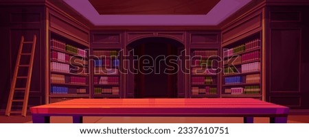 Retro library with many books on wooden shelves. Vector cartoon illustration of large room furnished with desk, bookshelves, ladder. University literature collection. Ancient archive storage interior