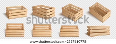 Realistic set of wooden crates isolated on transparent background. Vector illustration of empty wood boxes for food packing and transportation, fruit and vegetable storage, warehouse container