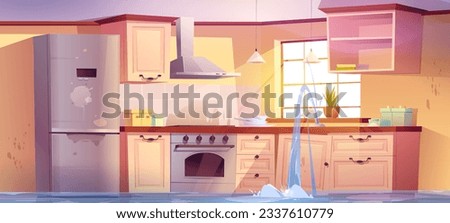 Flooded kitchen with water leaking from damaged faucet. Vector cartoon illustration of messy dining room with wet furniture, sewage flow from old clogged pipe, dirty dishes near sink, mold on wall