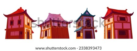 Cartoon set of Chinese houses isolated on white background. Vector illustration of traditional asian architecture, temple building, shop with red paper lanterns. China town street design elements
