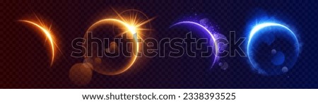 Moon eclipse light flare horizon space background. Abstract sunrise ring sparkle on earth planet design set. Gold, blue and purple crescent orbit edge glow with magic realistic cloud smoke shine.