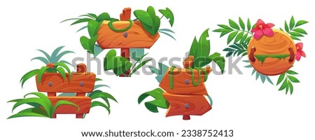Jungle forest wood game sign board cartoon vector set. Ui tropical signboard frame for road direction aroow. Isolated tropic interface label for text with grass and flower. Blank billboard badge