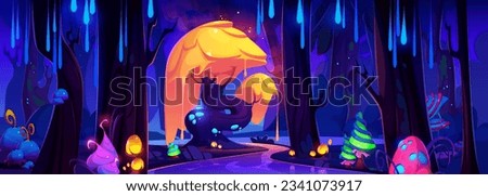 Fantasy forest with magic tree and mushroom cartoon vector game background. Alien garden with psychedelic neon flower and plant element. Fluorescent wonderland with mystical river adventure design