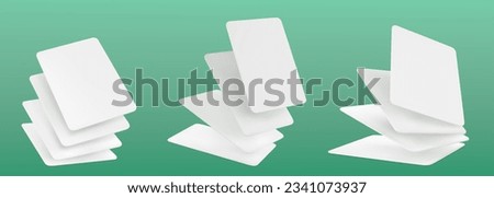 3d mockup of blank playing cards for poker and board games. Flying and falling empty white paper pages, casino or gift cards isolated on green background, vector realistic set