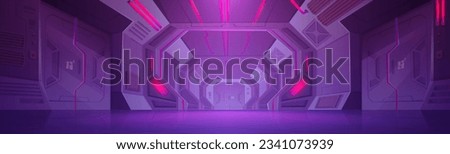 Futuristic corridor with closed gates and red alarm lights on walls and ceiling. Vector cartoon illustration of fantasy spacecraft interior, fantastic prison or hotel, bunker hallway, sci fi lab