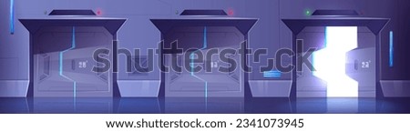 Futuristic spaceship wall with open and closed metal gates. Vector cartoon illustration of fantasy spacecraft interior, entrance to modern scientific laboratory, fantastic space hotel, bunker hallway