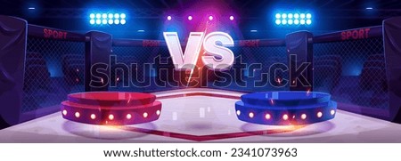 Versus concept - red and blue podiums on boxing ring with VS sign. Cartoon vector illustration of two stands of sport confrontation and competition. Horizontal background - game battle banner.