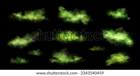 Toxic cloud with green poison stink smoke fog effect set. Bad fart smell realistic vector floating mist. 3d halloween vapor gases illustration isolated on black background. Potion abstract spray