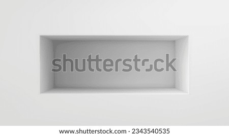 White wall with box shelf, empty niche. 3d showcase for exhibits in museum, gallery or studio. Rectangular recess in blank white wall for room interior, vector realistic illustration