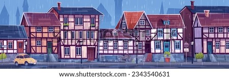 Rain in old European city street with traditional buildings. Vector cartoon illustration of wet neighborhood with traditional German half-timbered houses, retro car on road, bicycle parked near bench