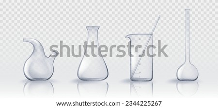 3d chemistry laboratory test glass beaker realistic vector. Lab clear glassware science tube equipment set on transparent background. Empty measuring bottle and chemical container collection