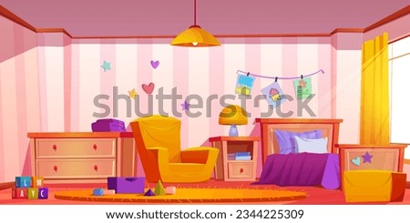 Kid bedroom interior in house vector background illustration. Girl child room with furniture, toy and drawer. Cute empty toddler nursery apartment design with pillow, cubes and lamp with window.
