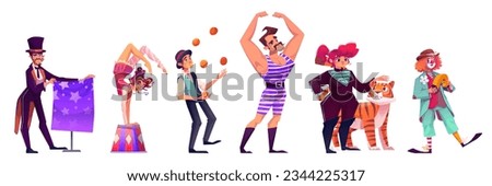 Circus character with clown, acrobat and juggler carnival cartoon isolated vector. magician and comedian illustration of costume. Festival performance with strongman and woman near tiger collection