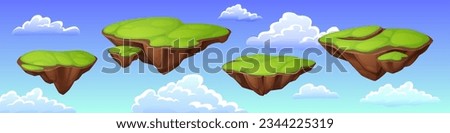Green islands flying in blue sky with clouds. Vector cartoon illustration of colorful floating game platforms, land pieces hanging in air, fantasy summer landscape, computer gui background design