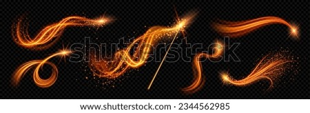 Realistic magic wand with set of orange light vortex effects isolated on transparent background. Vector illustration of luminous lines with shiny glitter particles, magic energy twirl, wizard spell