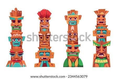 Tiki mask pole totem tribal vector cartoon icon set. African luau face wood sign for tropical beach island party decoration. Mexican ceremonial isolated warrior smile head statue design collection