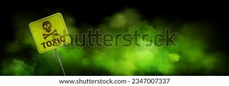 Green toxic smoke cloud with warning sign background. Bad gas smell and fog effect realistic vector. Horror and dirty chemical smog halloween pattern. Poison haze spray border and attention emblem