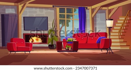Cozy living room with fireplace in chalet with mountain view in window. Vector cartoon illustration of house interior with armchair and sofa, books on table, tv on wall, floor lamp, wardrobe, stairs
