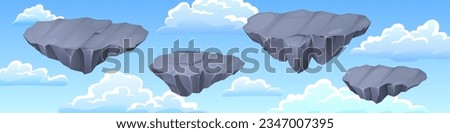 Gray stone floating islands in blue sky with clouds - game flying rock platforms for level ui design. 2d cartoon stony land pieces for jumping and running in videogame. Panoramic vector background.