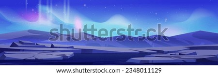 Aurora borealis shimmering above ice landscape. Vector cartoon illustration of colorful abstract northern lights in night sky with many stars, rocky mountains, frozen water surface, nordic nature