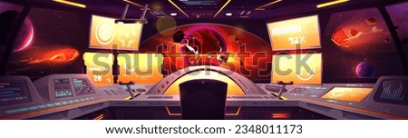 Spaceship cockpit room interior cartoon vector background. Futuristic alien panel control station in nasa spacecraft cabin with window for galaxy view on cosmic flying asteroid and planet explode