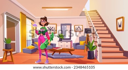 Teen girl with skate in house living room background design. Modern home livingroom interior illustration with couch, armchair and mirror. Young female character hold bubble tea near entrance door