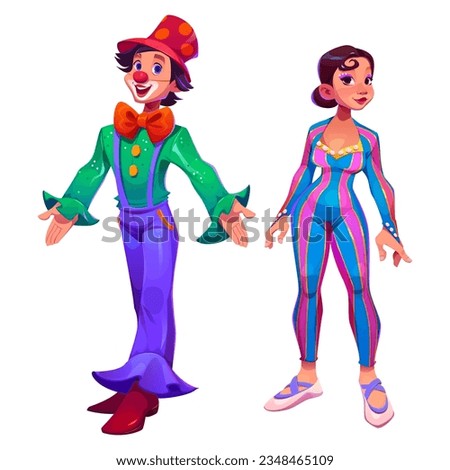 Clown and performer circus carnival character vector set. Acrobat artist in costume isolated cute comedy woman. Cirque man in hat and bow comedian clipart. Retro entertainment personage element