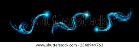 Realistic set of blue light vortex effects isolated on black background. Vector illustration of luminous lines with shiny glitter particles, magic energy curve twirl, glowing Christmas decoration