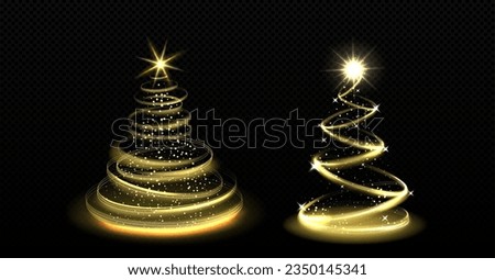 Realistic set of spiral light Christmas trees isolated on transparent background. Vector cartoon illustration of golden xmas swirls decorated with yellow stars and shimmering particles. Holiday decor