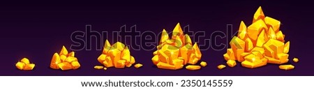 Gold nugget stone pile small and large game vector cartoon icon. Gem rock treasure block illustration. Isolated different size amber metal heap luxury prop in digital shop. Yellow glossy boulder piece