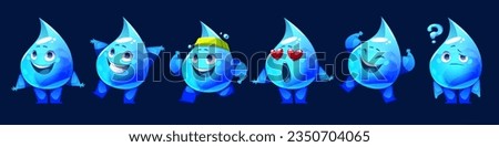 Water drop cartoon mascot character happy face cute vector icon set. smile raindrop comic expression with sport, excited, love and question emotion animation clipart. Bubble hero childish emoticon